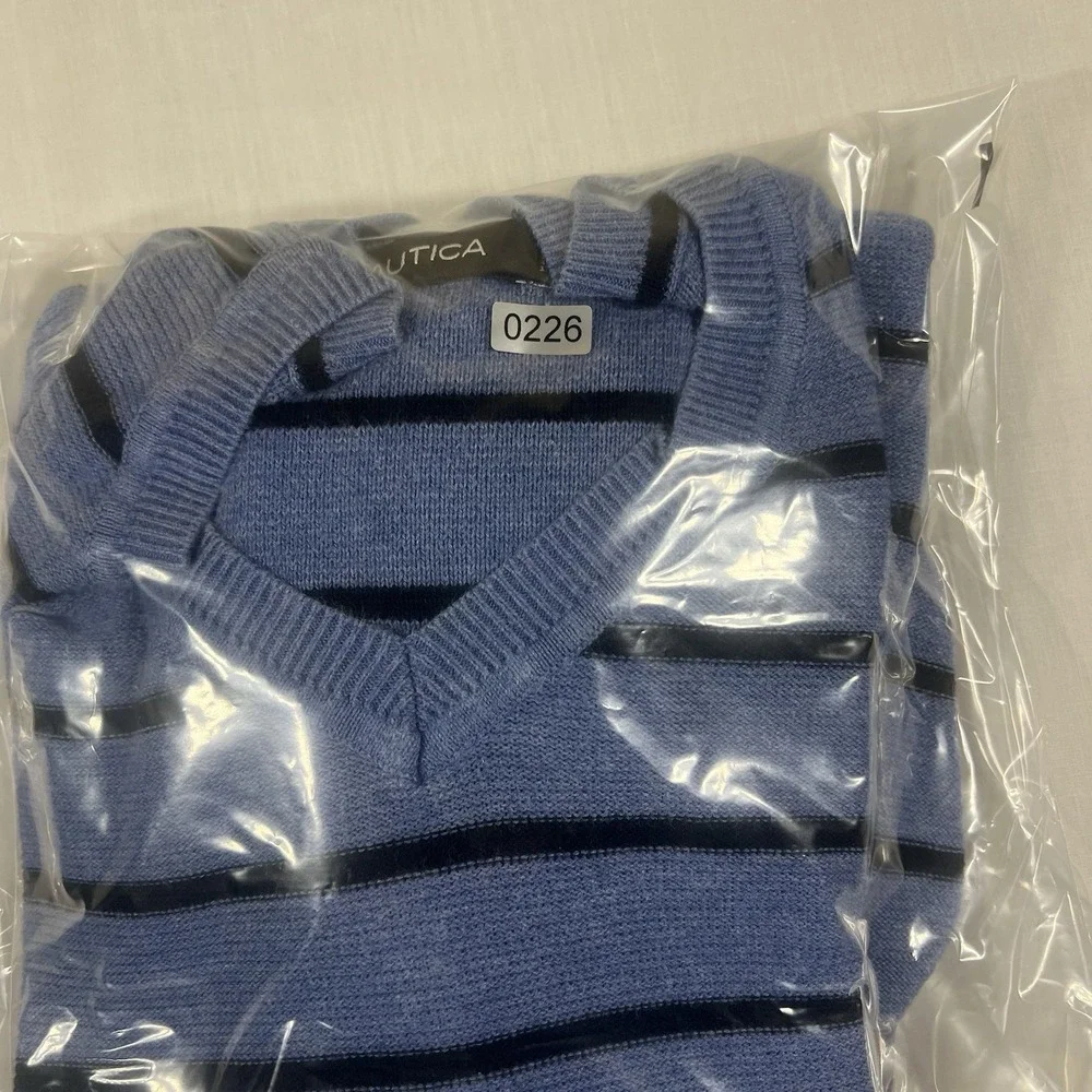 Nautica Mens Large Blue Black Striped V Neck Sweater Cotton Knit Pullover